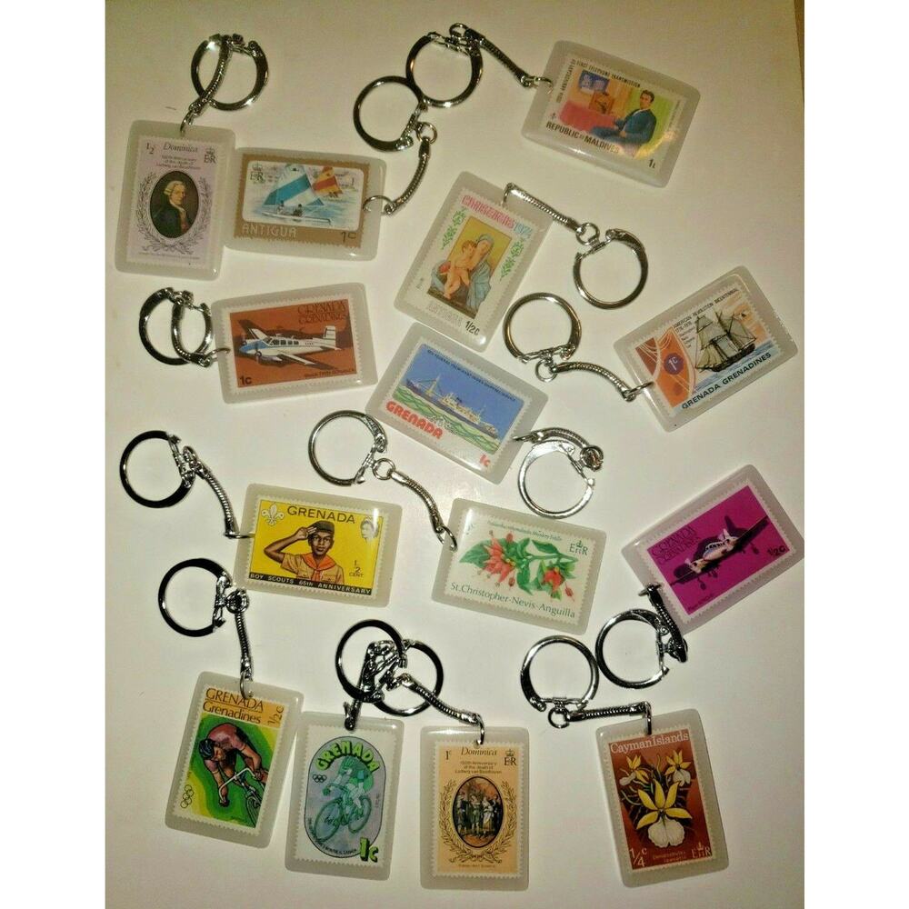 Vtg Caribbean Island Stamps Key Chains‎ Lot of 3 Randomly Selected NOS SKU 163